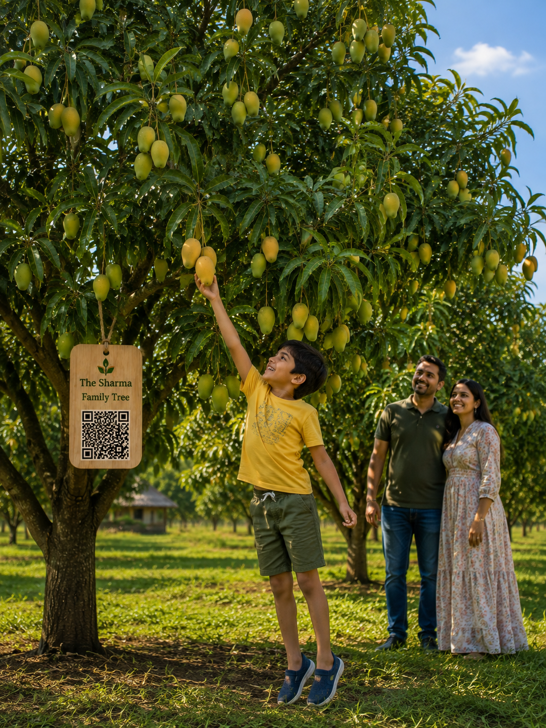 A child plucking a mango from his family's own QR-tagged tree at Aamr Vaatika