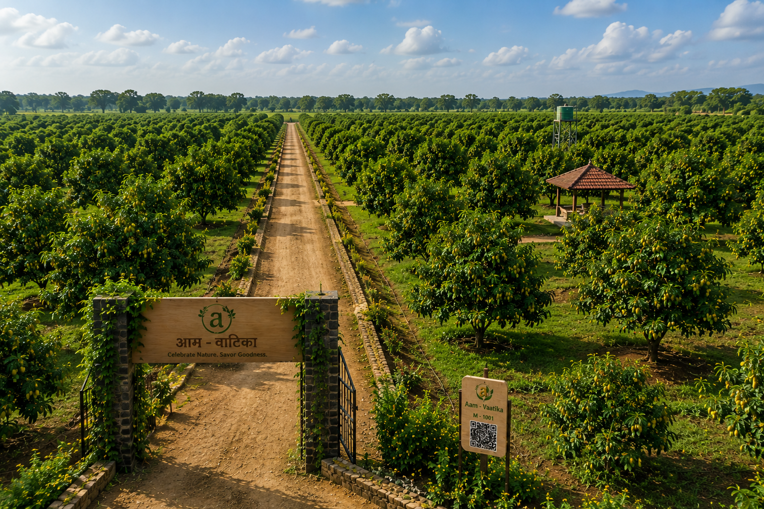 The entrance gate to Aamr Vaatika orchard, with mango tree rows and a farm gazebo beyond