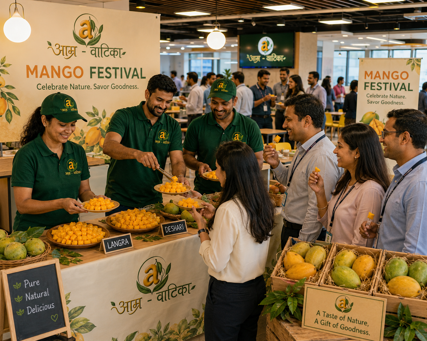 Colleagues enjoying a live Aamr Vaatika mango tasting counter at an office mango festival