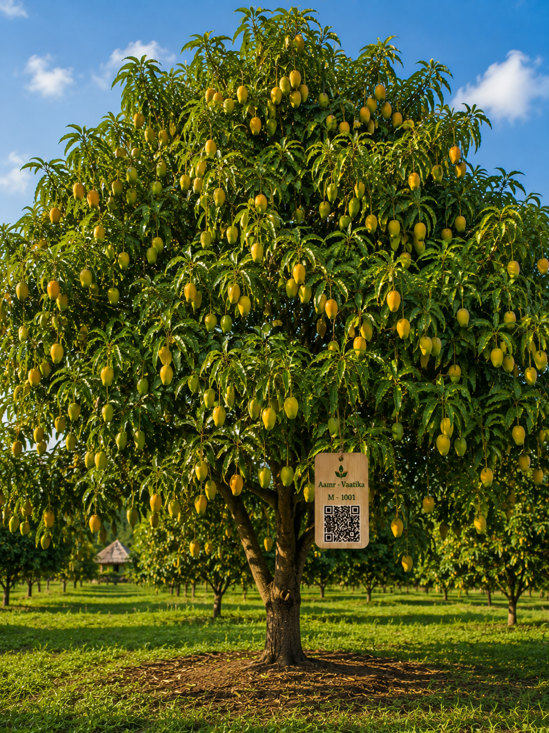 A mango tree tagged with a QR code nameplate at Aamr Vaatika