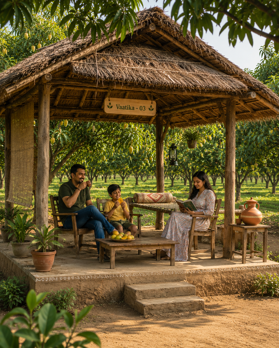 A family enjoying naturally ripened mangoes in a farm hut at Aamr Vaatika