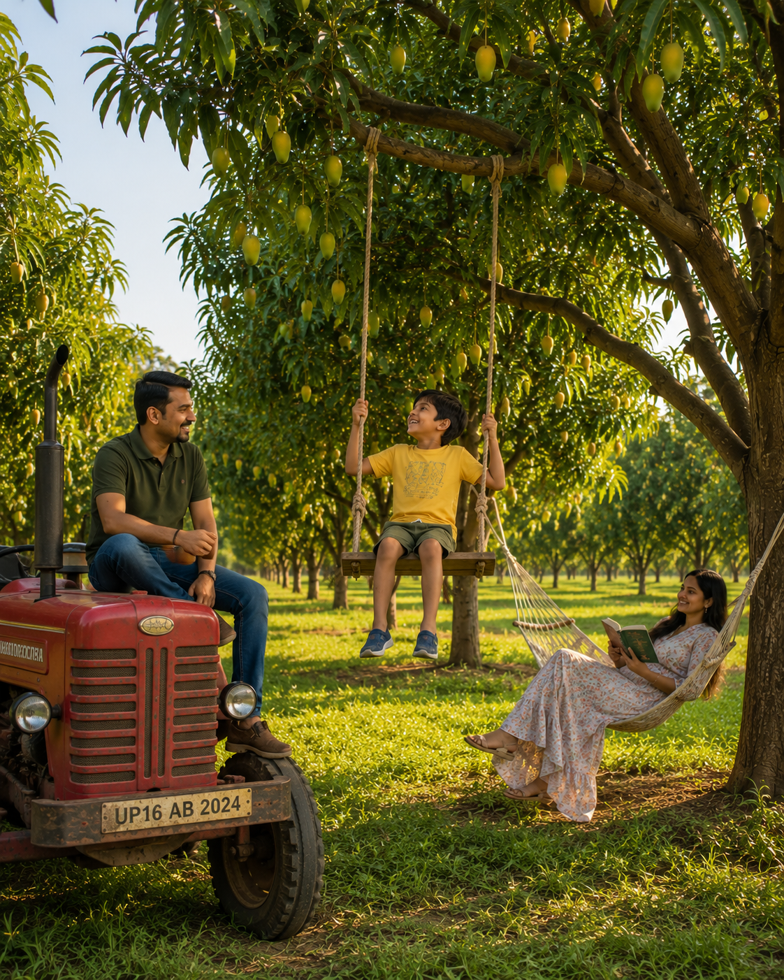 A family enjoying quality time with a tractor, swing and hammock among the mango trees