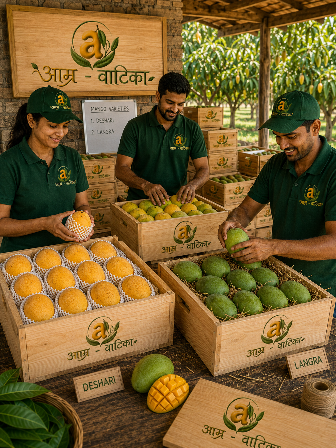 Aamr Vaatika staff hygienically packing premium Dashehari and Langra mangoes into branded crates