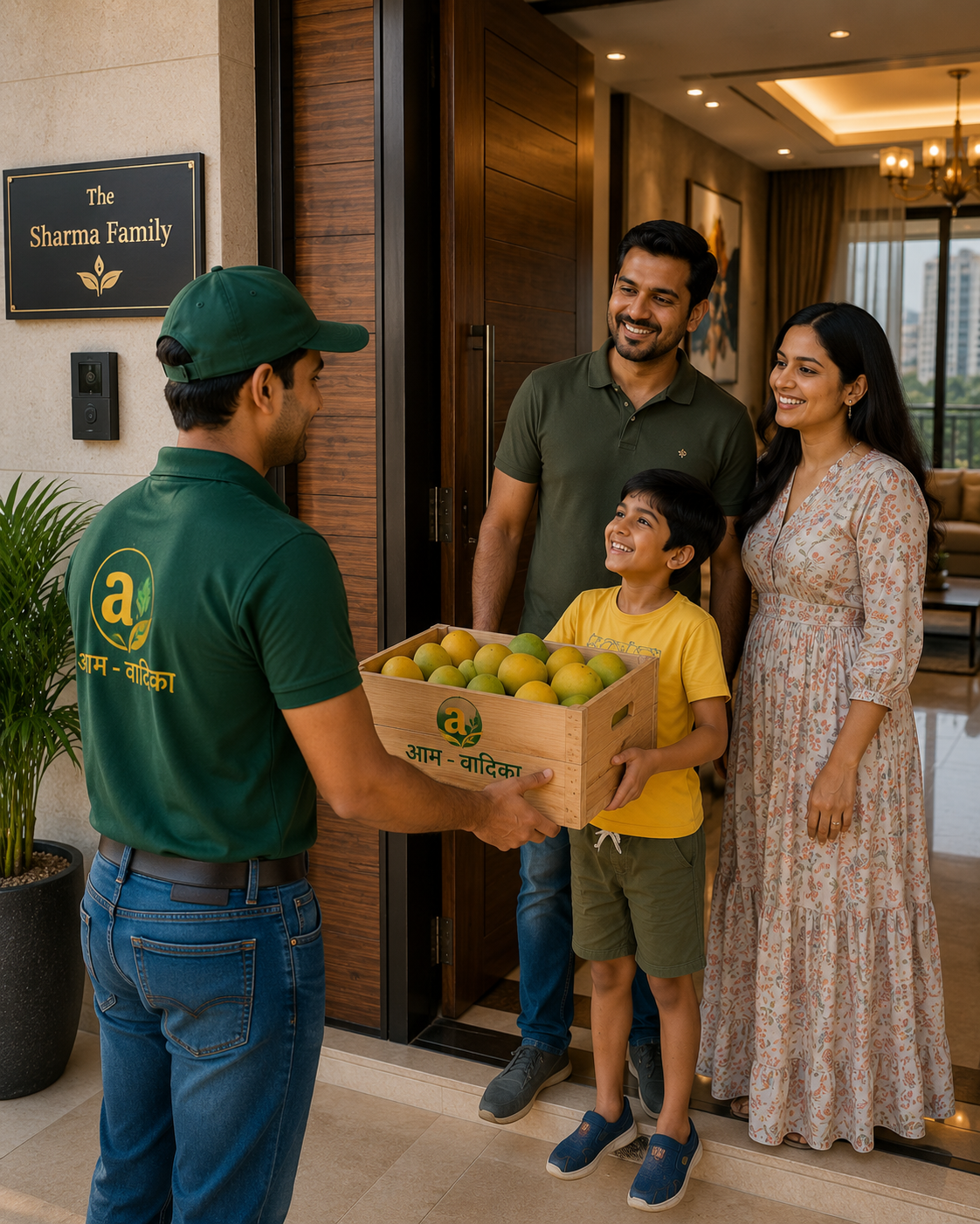 An Aamr Vaatika delivery associate handing a crate of fresh mangoes to a family at their doorstep